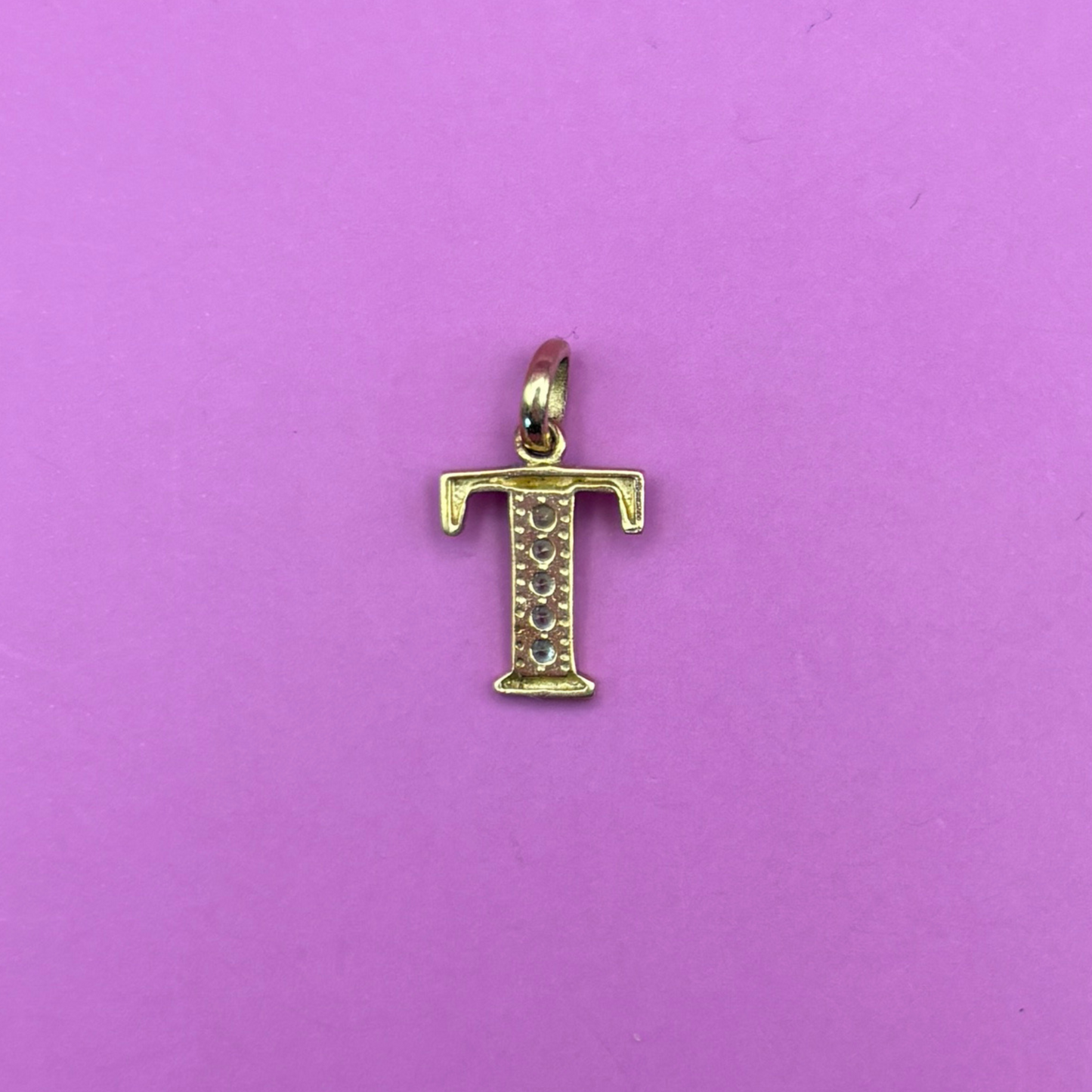 10k letter T with gems charm