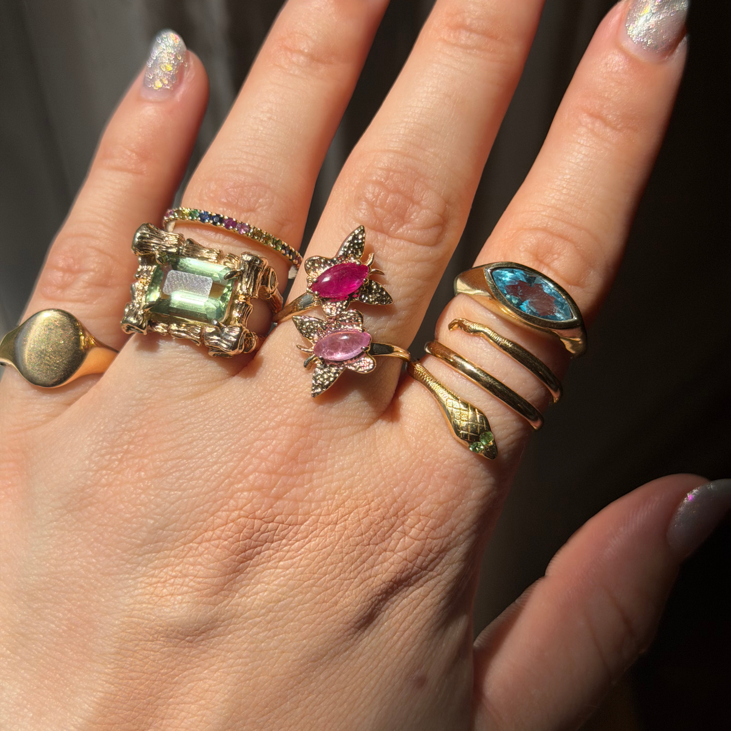 14k bamboo ring with green tourmaline and emeralds