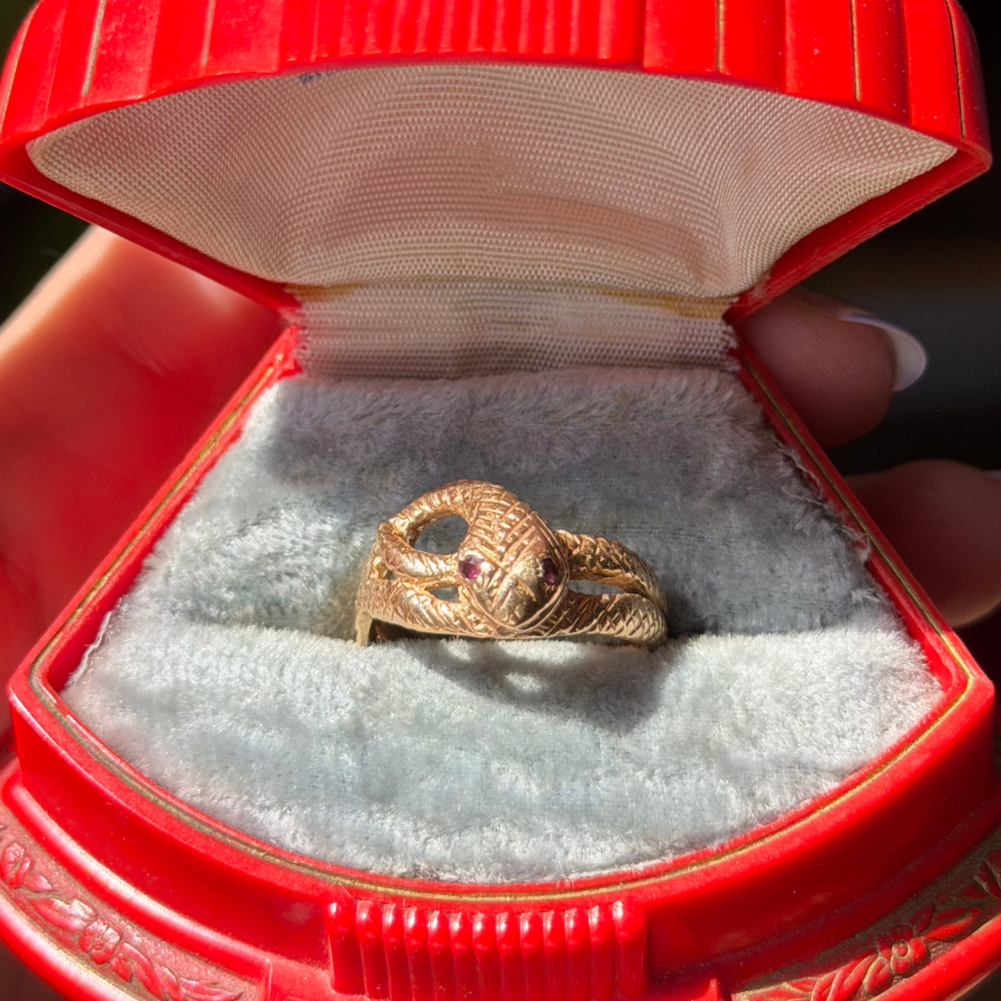 14k snake ring with ruby eyes