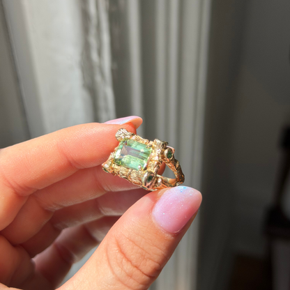14k bamboo ring with green tourmaline and emeralds