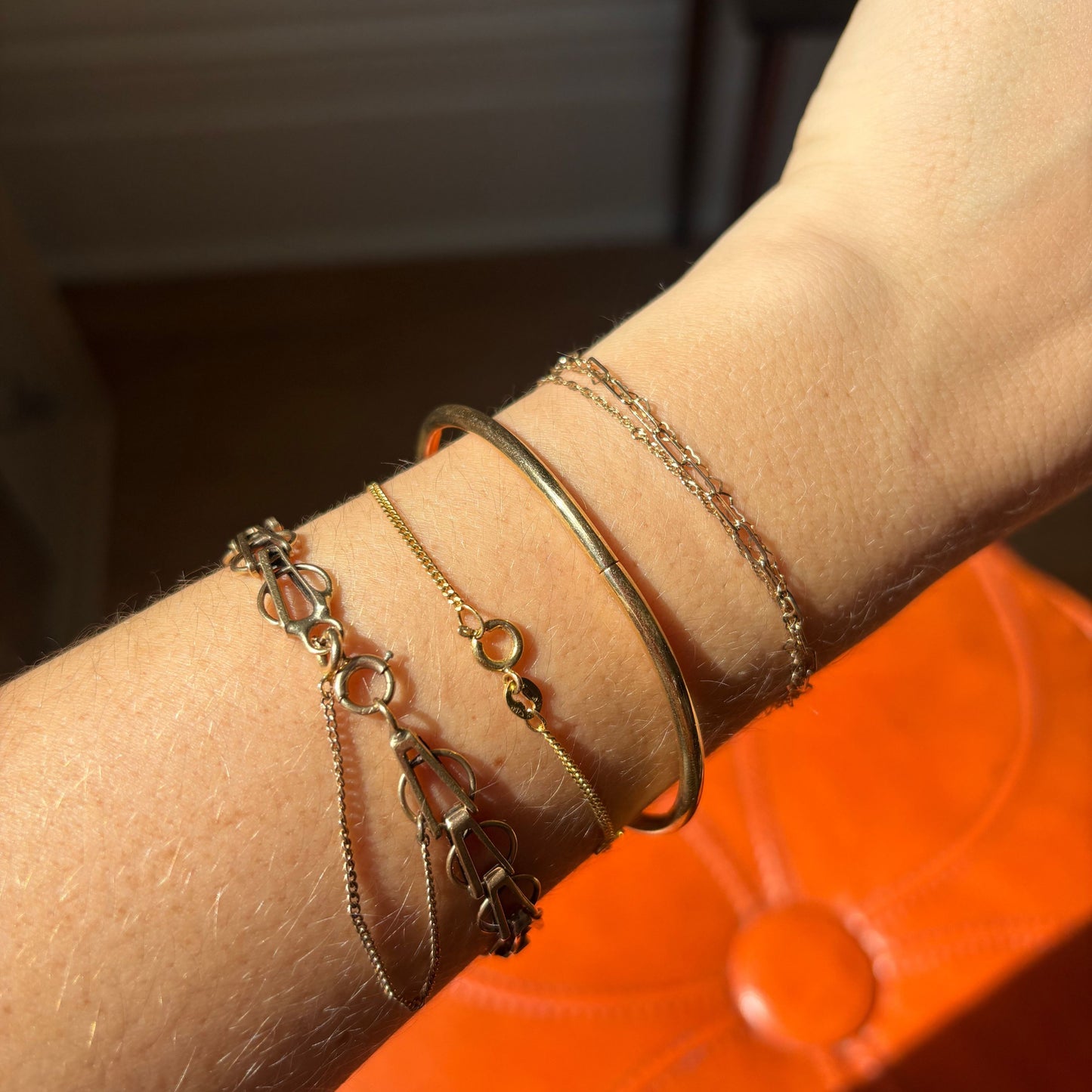 14k fancy mid century link bracelet with safety chain 7 3/8"