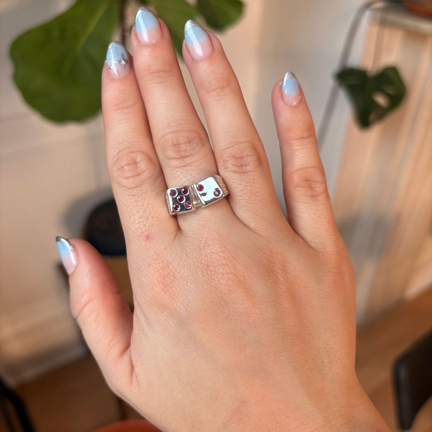 silver 7 dice ring with rubies