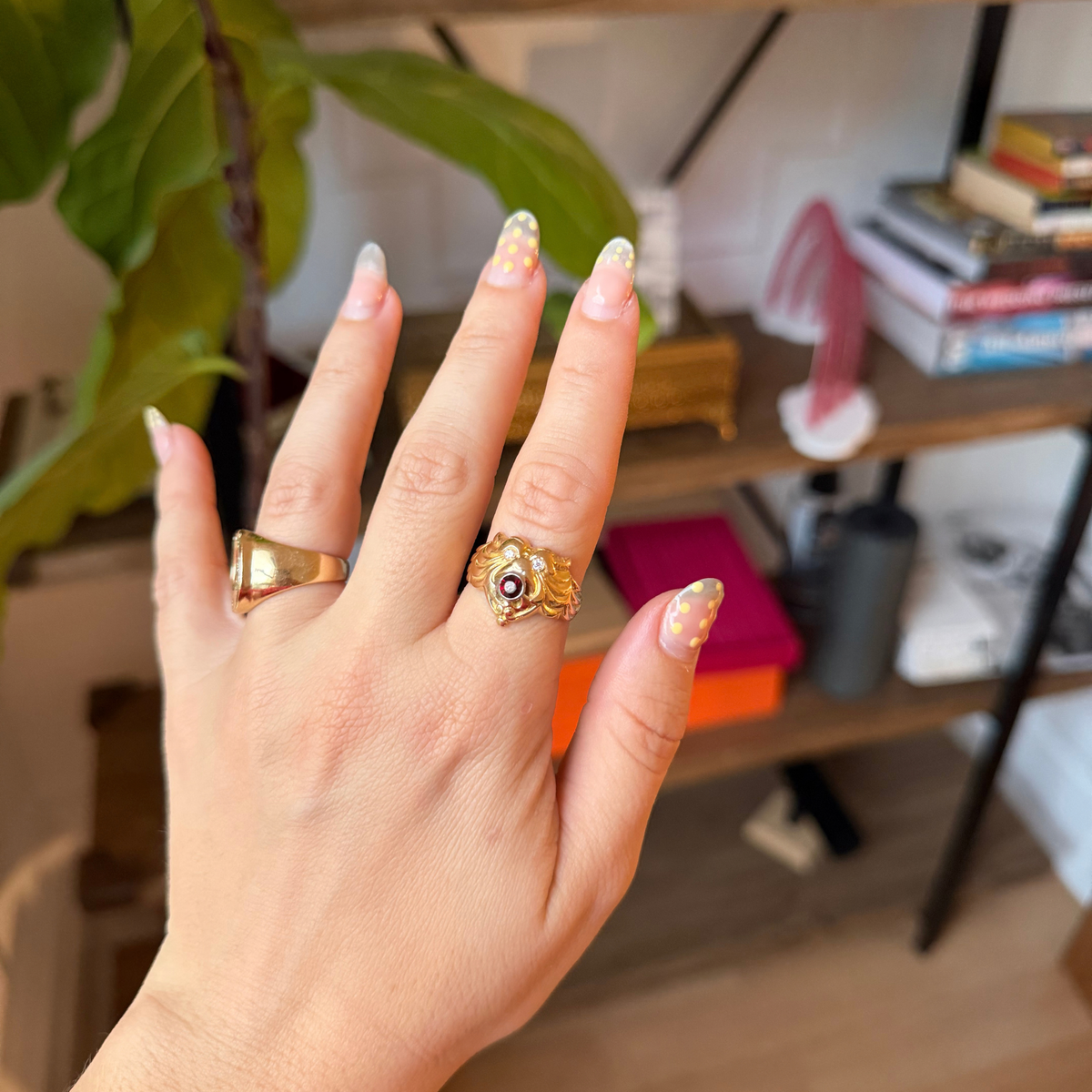 14k lion beast ring with garnet & diamonds