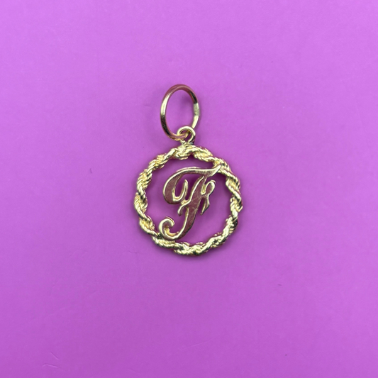 14k letter F in rope circle charm