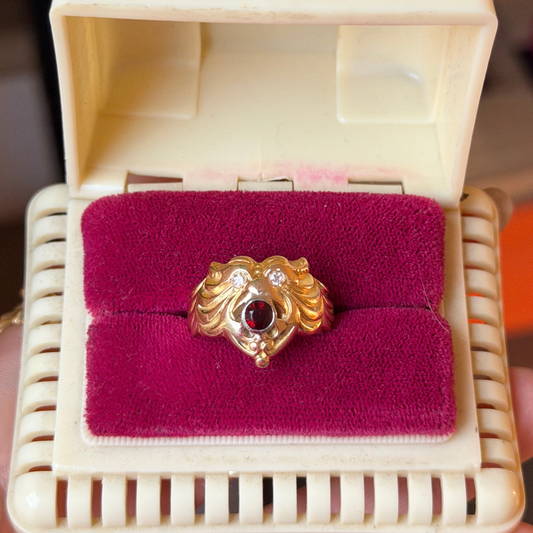 14k lion beast ring with garnet & diamonds