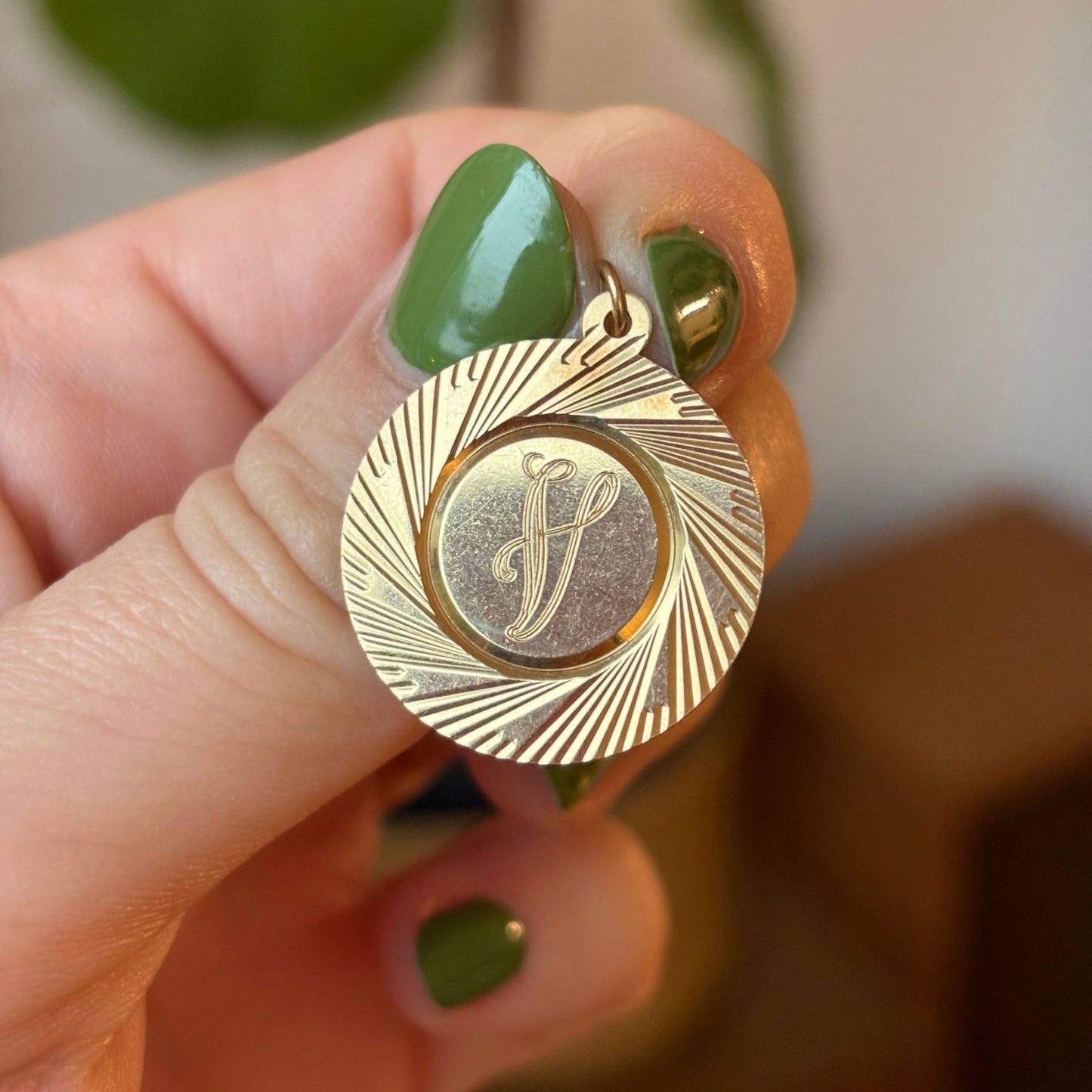 14k engine turned letter V disk charm