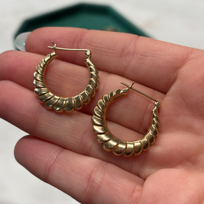 14k puffy scalloped semi hollow hoops