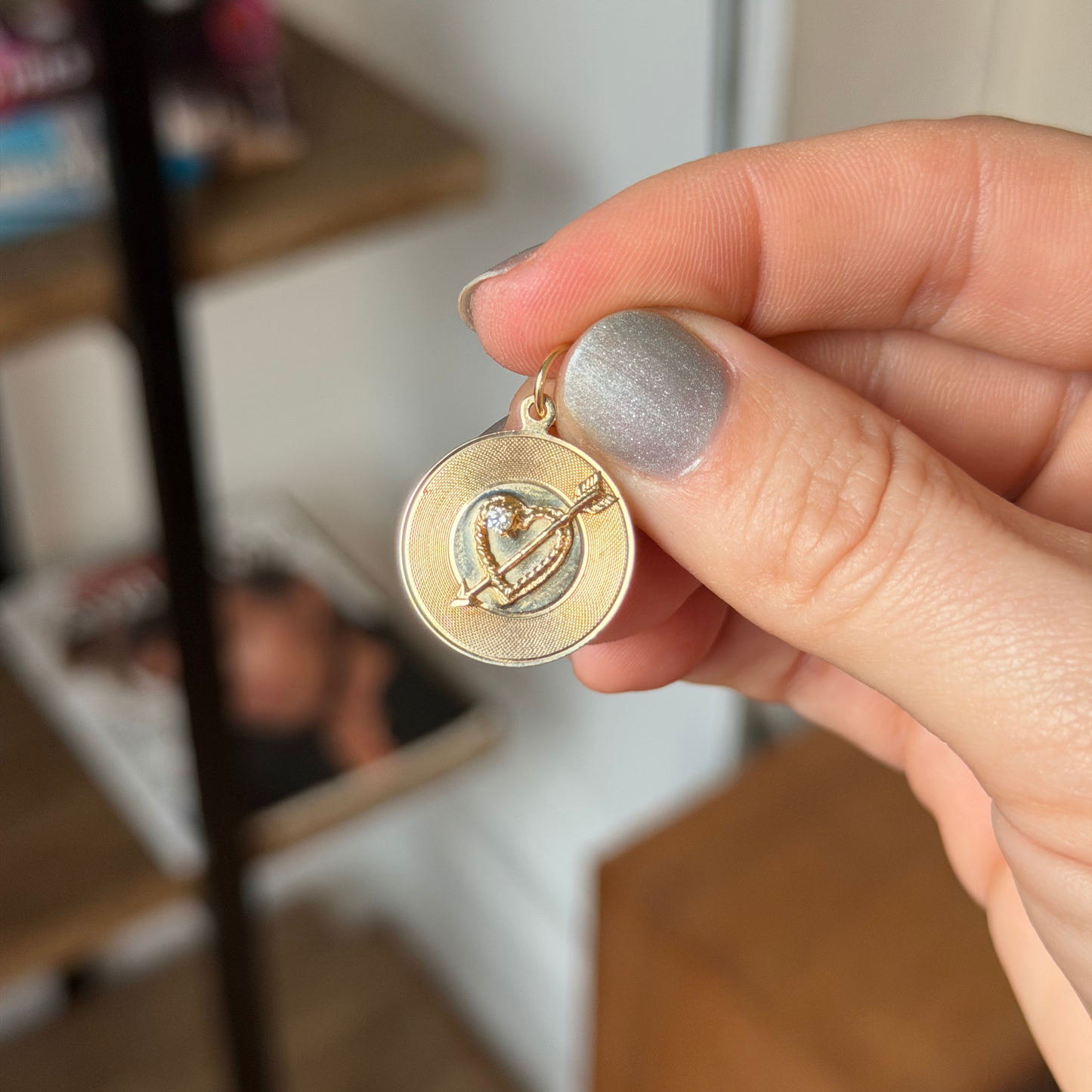 14k heart with arrow & diamond medallion charm