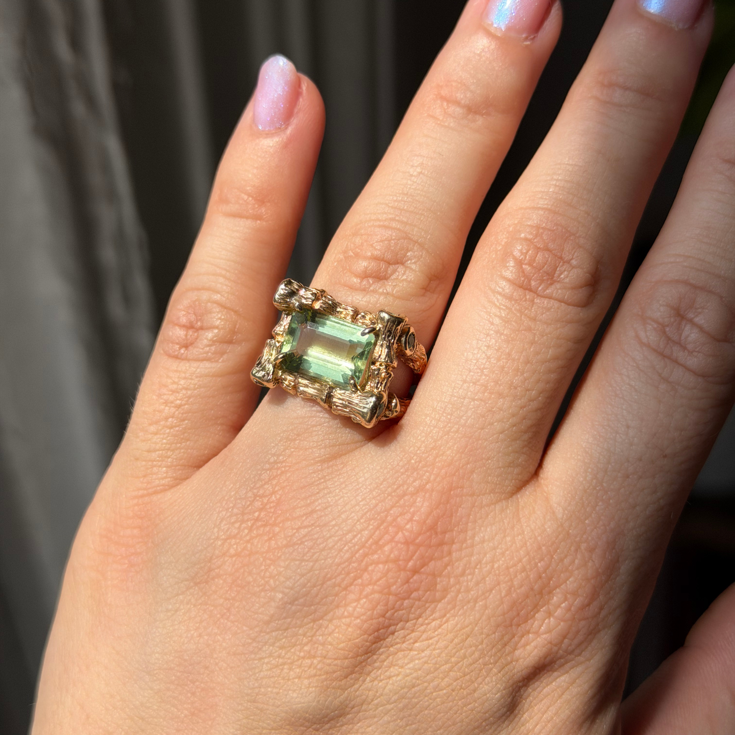 14k bamboo ring with green tourmaline and emeralds