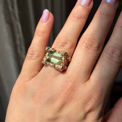14k bamboo ring with green tourmaline and emeralds