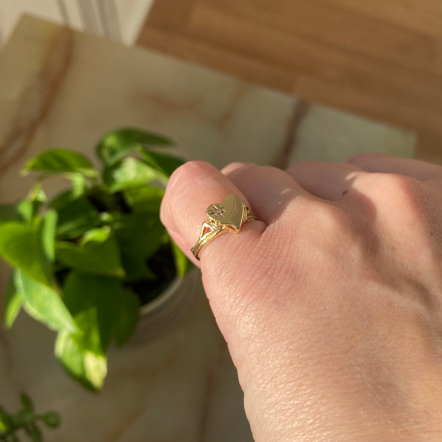 14k heart with star set diamond and subtle letter s engraving ring