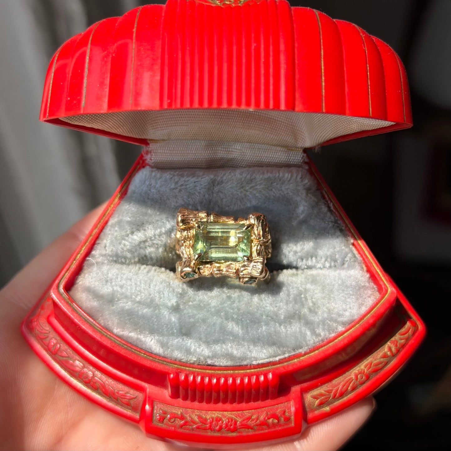 14k bamboo ring with green tourmaline and emeralds
