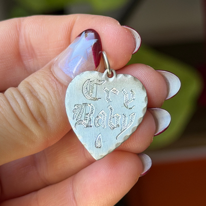 925 cry baby old english hand engraved heart pendant
