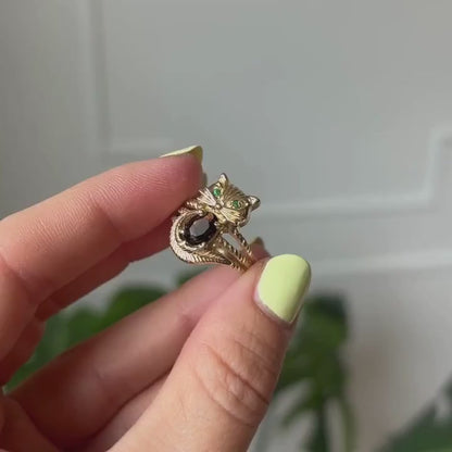 14k kitty with stone eyes & smoky topaz ring