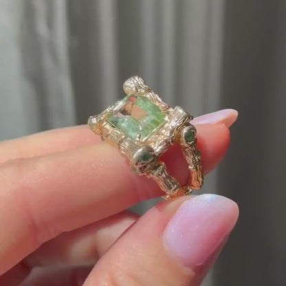 14k bamboo ring with green tourmaline and emeralds