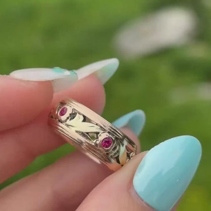 14k 40s patterned band with rubies