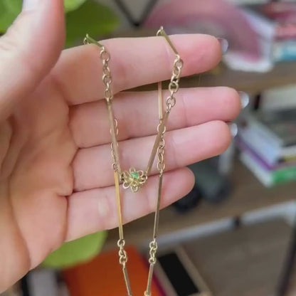 14k flower bar link station choker chain with emeralds 15.75"