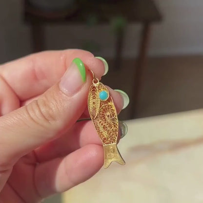 21k 70s filigree fish with synthetic turquoise eye charm