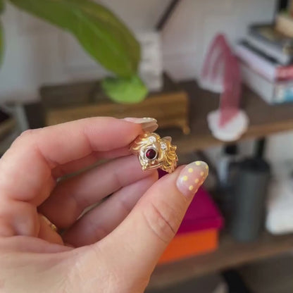14k lion beast ring with garnet & diamonds