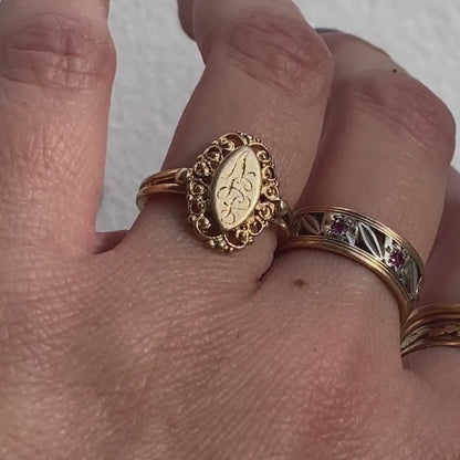 14k marquise signet JIV initials