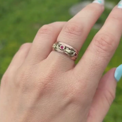 14k 40s patterned band with rubies